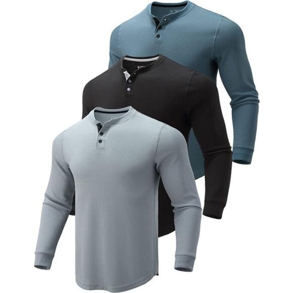 3 Pack Men's Long Sleeve Waffle Thermal Casual Fit Fashion